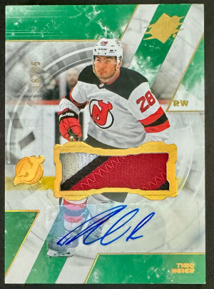2023-24 SPx Timo Meier Auto Patch /25 (Game Used Patch) front